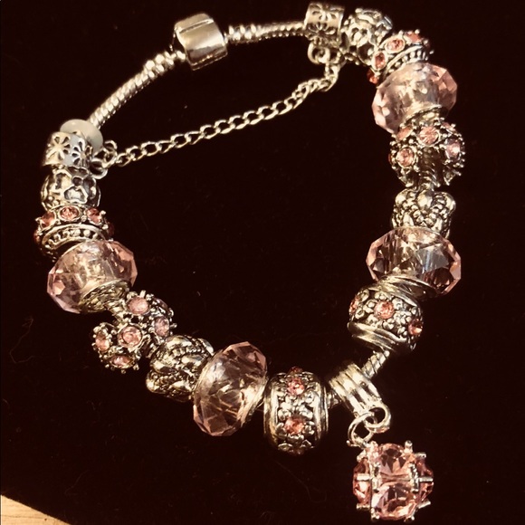 Jewelry - Silver & Pink Crystal Charm Bracelet Safety Chain